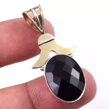 Natural Black Onyx Gemstone 925 Solid Sterling Silver TwoTone Pendant 1.50 l2E29