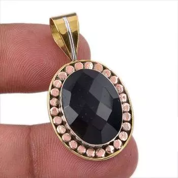 Natural Black Onyx Gemstone 925 Solid Sterling Silver TwoTone Pendant 1.50 t2J27