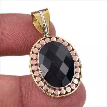 Natural Black Onyx Gemstone 925 Solid Sterling Silver TwoTone Pendant 1.50 a0H05