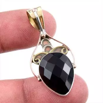 Natural Black Onyx Gemstone 925 Solid Sterling Silver TwoTone Pendant 1.75 c2v93