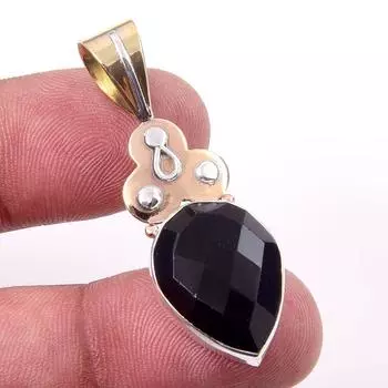 Natural Black Onyx Gemstone 925 Solid Sterling Silver TwoTone Pendant 1.75 c5B56
