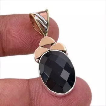 Natural Black Onyx Gemstone 925 Solid Sterling Silver TwoTone Pendant 1.50 O6o19