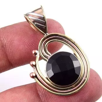 Natural Black Onyx Gemstone 925 Solid Sterling Silver TwoTone Pendant 1.50 i1T09