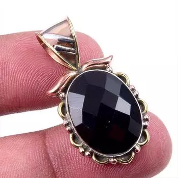 Natural Black Onyx Gemstone 925 Solid Sterling Silver TwoTone Pendant 1.25 Z3c00