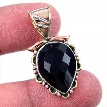 Natural Black Onyx Gemstone 925 Solid Sterling Silver TwoTone Pendant 1.25 c7z95