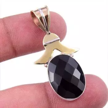 Natural Black Onyx Gemstone 925 Solid Sterling Silver TwoTone Pendant 1.50 R2j96