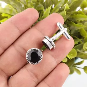 Natural Black Onyx Gemstone 925 Sterling Silver Handmade Jewelry Cufflinks 0.51 CL-3-17