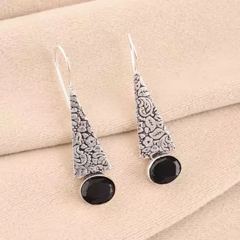 Natural Black Onyx Gemstone 925 Sterling Silver Jewelry Handmade Earrings 1.9 EE-165-21