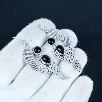 Natural Black Onyx Gemstone Earrings, 925 Sterling Silver Earring, Handmade Boho Silver Jewelry Dangle Earrings, Valentine s Day Gift 7 Cm чёрный