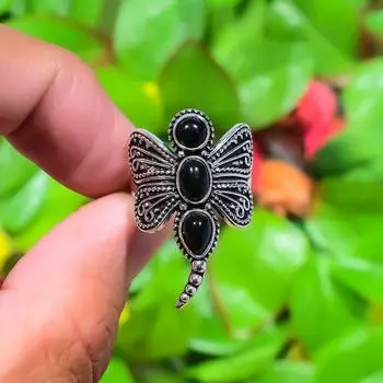 Natural Black Onyx Gemstone Handmade 925 Sterling Silver Ring Size 9.5 S7K97