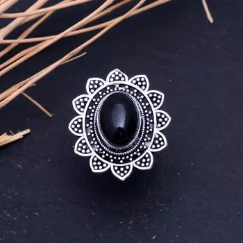 Natural Black Onyx Gemstone Handmade 925 Sterling Silver Ring Size 7.75 L0J76