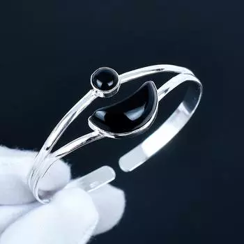 Natural Black Onyx Gemstone Handmade Cuff Bangle 925 Sterling Silver Cuff Bangle, Black Onyx Bracelet For Wife , Unisex Bangle, Gift For Her 7 чёрный