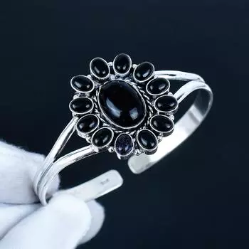 Natural Black Onyx Gemstone Handmade Cuff Bangle 925 Sterling Silver Cuff Bangle, Blue Sunstone Flower Shape Bracelet For Wife, Unisex Bangle 7 чёрный