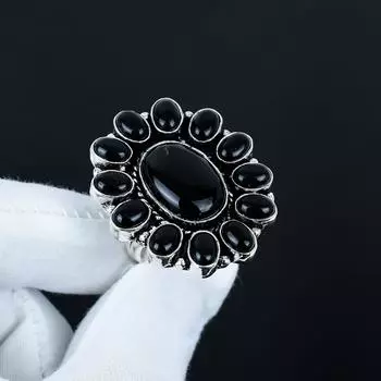 Natural Black Onyx Gemstone Ring, 925 Sterling Silver Ring, Gift For Her, Oval Stone ,Elegant Handmade Ring, Black Onyx Flower Silver Ring US 4 чёрный
