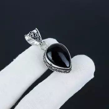 Серебряный кулон с натуральным черным ониксом из стерлингового серебра 925 пробы — грушевидный дизайн ручной работы, повседневная бижутерия, подарок отцу на день рождения 1.77 чёрный