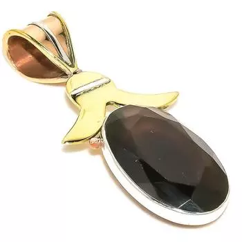 Natural Black Onyx Gemstone TwoTone 925 Solid Sterling Silver Pendant 1.75 V4Q40