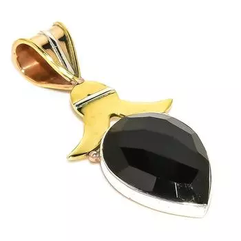 Natural Black Onyx Gemstone TwoTone 925 Solid Sterling Silver Pendant 1.75 U8R25