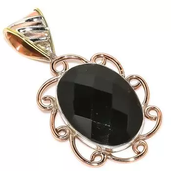 Natural Black Onyx Gemstone TwoTone 925 Solid Sterling Silver Pendant 1.50 S6P89