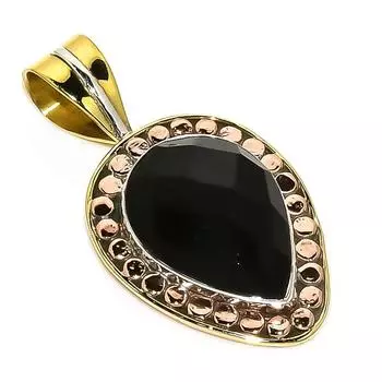 Natural Black Onyx Gemstone TwoTone 925 Solid Sterling Silver Pendant 1.50 l7K75
