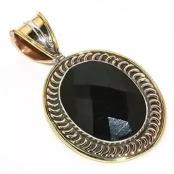 Natural Black Onyx Gemstone TwoTone 925 Solid Sterling Silver Pendant 1.50 s4I76