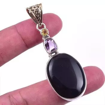 Natural Black Onyx,Pink Amethyst Gemstone 925 Solid Silver Pendant 2.25 c1B48