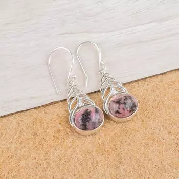 Natural Black Rhodonite Gemstone 925 Sterling Silver Jewelry Hook Earrings 1.64 CE-1-27