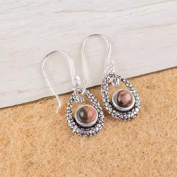 Natural Black Rhodonite Gemstone 925 Sterling Silver Jewelry Hook Earrings 1.38 CE-3-25