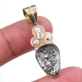 Natural Black Rutile 925 Solid Sterling Silver TwoTone Gift Pendant 1.75 i8P48