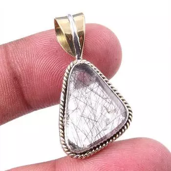 Natural Black Rutile 925 Solid Sterling Silver TwoTone Gift Pendant 1.50 S1M86