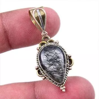 Natural Black Rutile 925 Solid Sterling Silver TwoTone Gift Pendant 1.50 K3n66