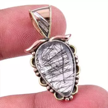 Natural Black Rutile 925 Solid Sterling Silver TwoTone Gift Pendant 1.25 p7e13