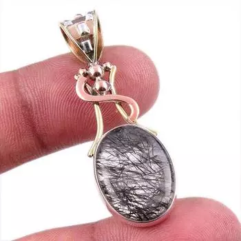 Natural Black Rutile 925 Solid Sterling Silver TwoTone Gift Pendant 1.75 h2J32