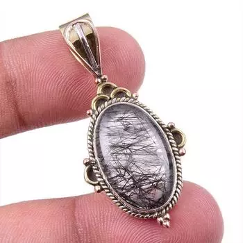 Natural Black Rutile 925 Solid Sterling Silver TwoTone Gift Pendant 1.75 i5T43