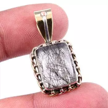 Natural Black Rutile 925 Solid Sterling Silver TwoTone Gift Pendant 1.25 Q2u86