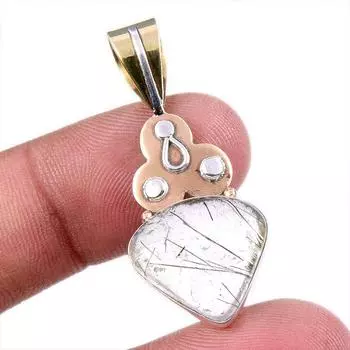 Natural Black Rutile 925 Solid Sterling Silver TwoTone Gift Pendant 1.75 l8A00