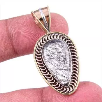 Natural Black Rutile 925 Solid Sterling Silver TwoTone Gift Pendant 1.50 R4i10