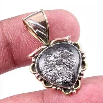 Natural Black Rutile 925 Solid Sterling Silver TwoTone Gift Pendant 1.25 F0H01