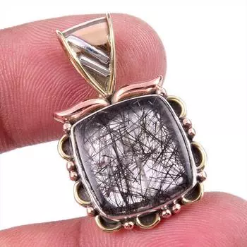 Natural Black Rutile 925 Solid Sterling Silver TwoTone Gift Pendant 1.25 J6E75