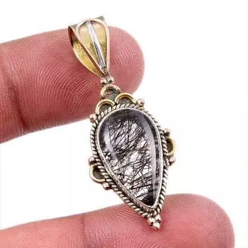 Natural Black Rutile 925 Solid Sterling Silver Jewelry TwoTone Pendant 1.5 D0y55
