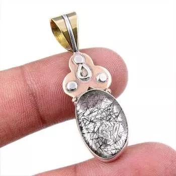 Natural Black Rutile 925 Solid Sterling Silver TwoTone Gift Pendant 1.75 K7g65