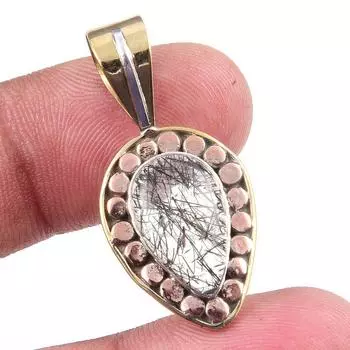 Natural Black Rutile 925 Solid Sterling Silver TwoTone Gift Pendant 1.25 A9U88