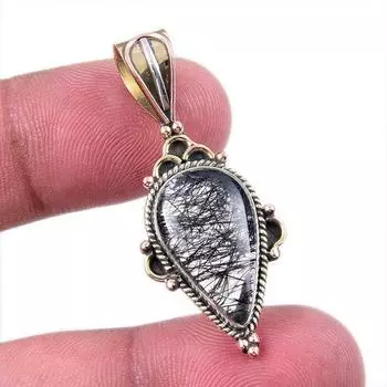 Natural Black Rutile 925 Solid Sterling Silver TwoTone Gift Pendant 1.50 d0P82