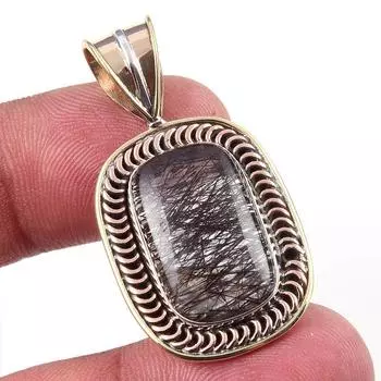 Natural Black Rutile 925 Solid Sterling Silver TwoTone Gift Pendant 1.50 b0Z11