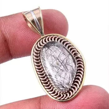 Natural Black Rutile 925 Solid Sterling Silver TwoTone Gift Pendant 1.50 t4f18