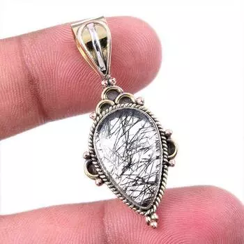 Natural Black Rutile 925 Solid Sterling Silver TwoTone Gift Pendant 1.50 P7d17