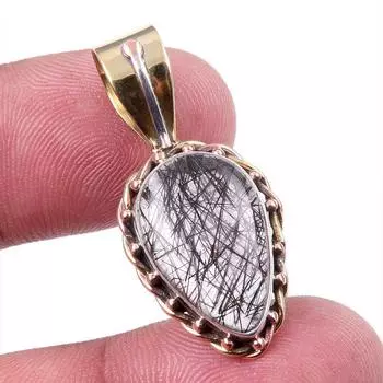 Natural Black Rutile 925 Solid Sterling Silver TwoTone Gift Pendant 1.25 K1j29