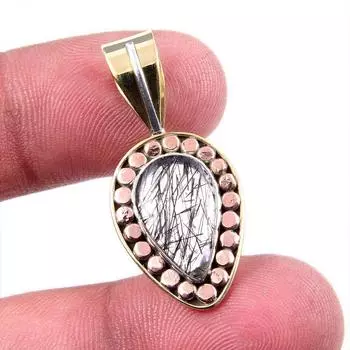 Natural Black Rutile 925 Solid Sterling Silver TwoTone Gift Pendant 1.25 h0P01