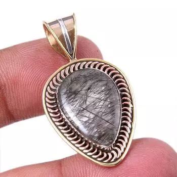Natural Black Rutile 925 Solid Sterling Silver TwoTone Gift Pendant 1.50 K8q29