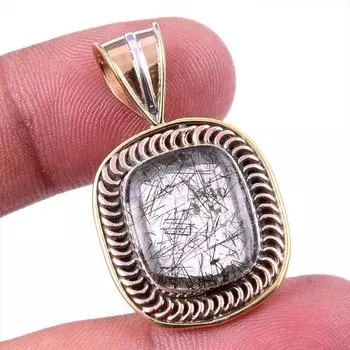 Natural Black Rutile 925 Solid Sterling Silver TwoTone Gift Pendant 1.50 Q5K26