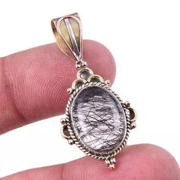 Natural Black Rutile 925 Solid Sterling Silver TwoTone Gift Pendant 1.50 B6g91
